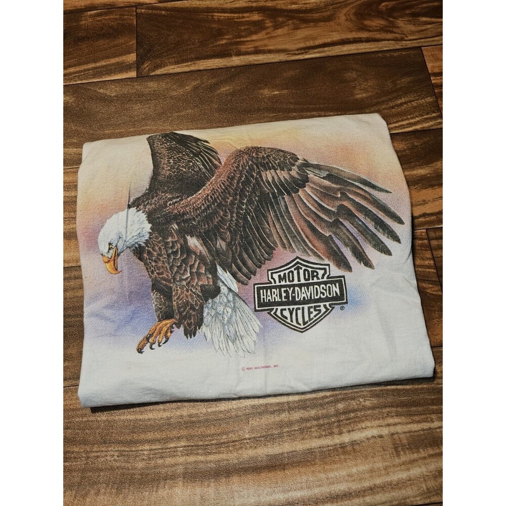 Vintage Rare 1991 Harley Davidson Single Stitch Eagle Holoubek White T Shirt Med
